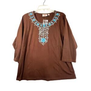 Quacker Factory beaded 3/4 length sleeve t-shirt in brown, size XL